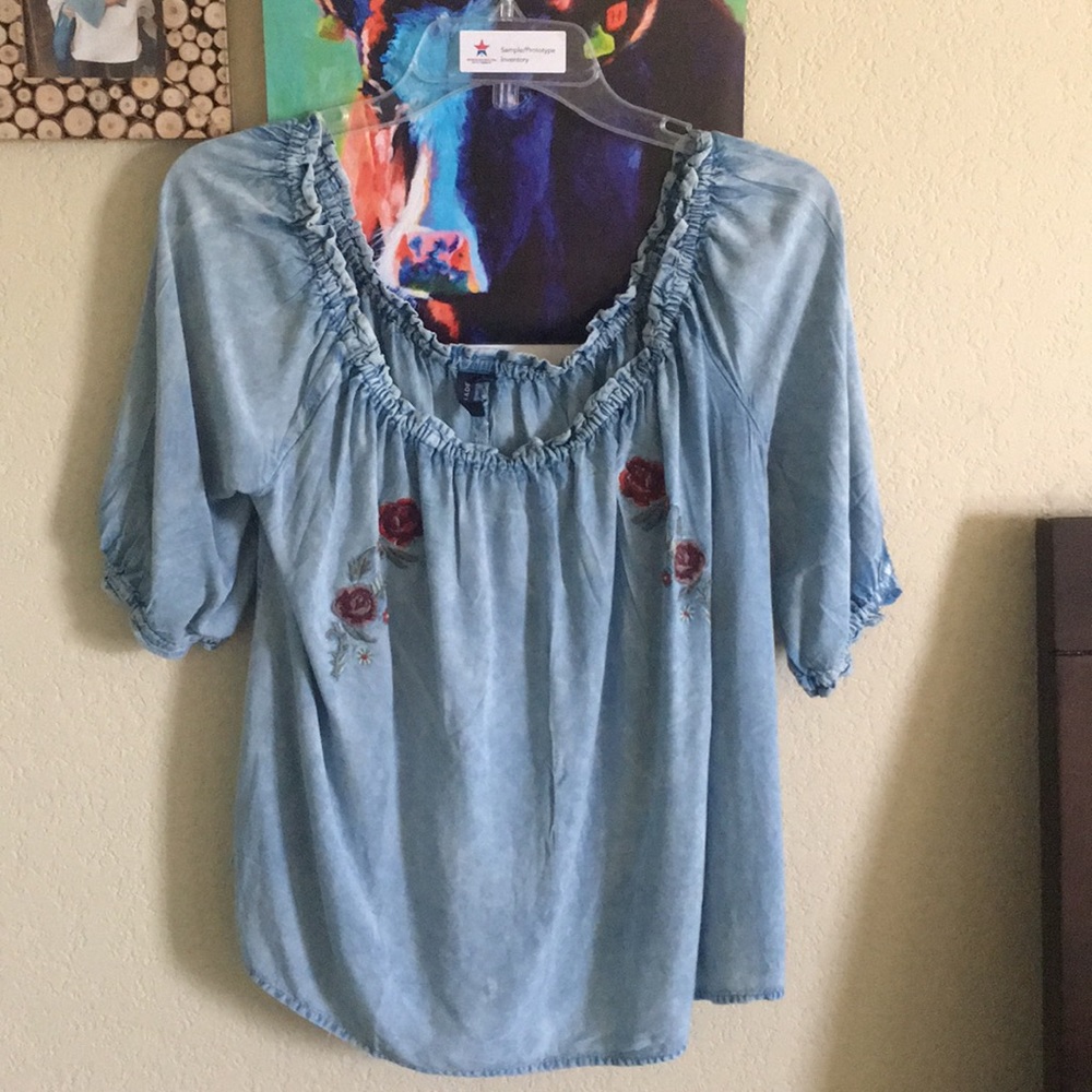 Blue Jean Embroidered Off-the-shoulder Top